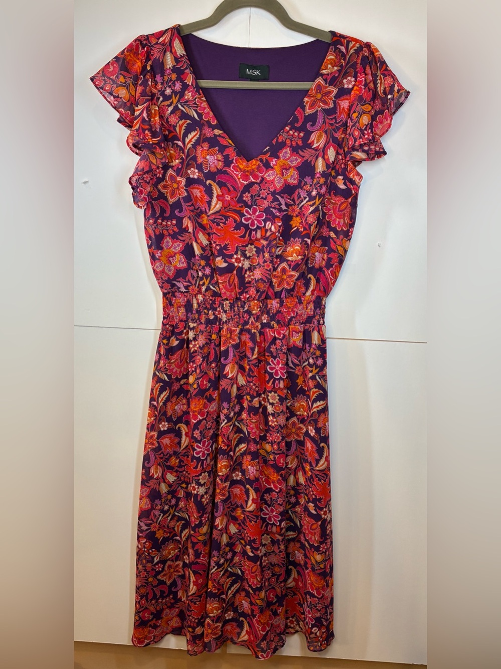 MSK Floral Fit & Flare Dress Purple Pink Flutter Sleeve Smocked Waist Size M